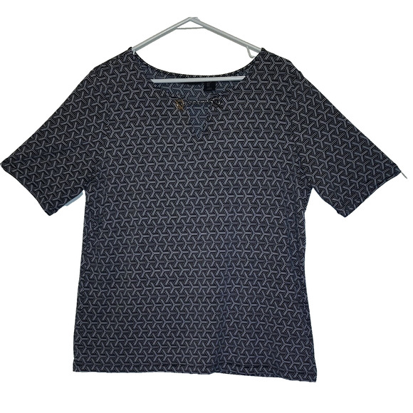 Tahari Black & White Top Short Sleeve Women's SIZE L LARGE Silver- Tone Accents - Picture 3 of 10